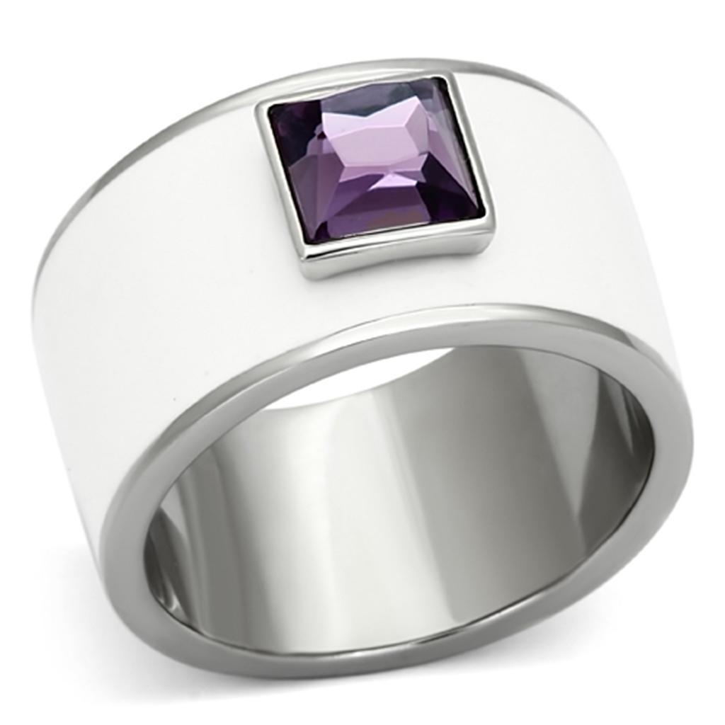 TK1142 - High polished (no plating) Stainless Steel Ring with Synthetic Synthetic Glass in Amethyst - Joyeria Lady