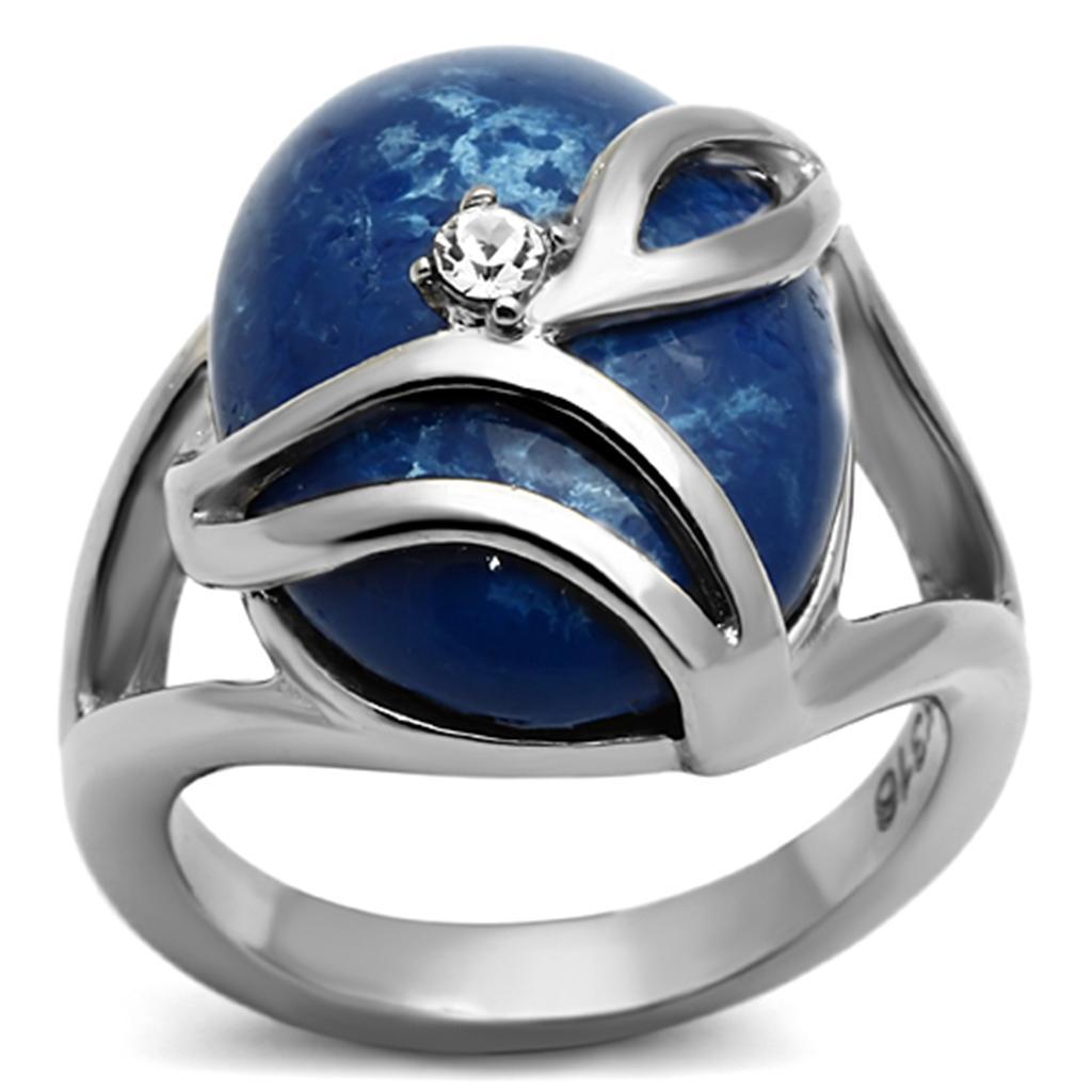 TK1144 - High polished (no plating) Stainless Steel Ring with Synthetic Synthetic Stone in Capri Blue - Joyeria Lady
