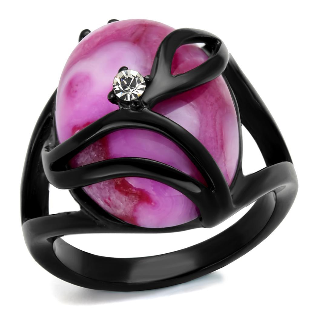 TK1144J - IP Black(Ion Plating) Stainless Steel Ring with Synthetic Cat Eye in Fuchsia - Joyeria Lady