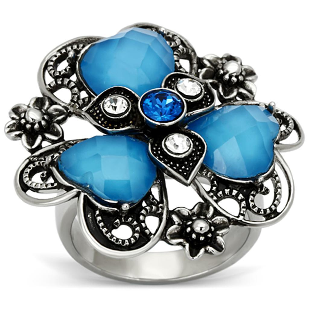 TK1149 - High polished (no plating) Stainless Steel Ring with Synthetic Synthetic Stone in Sea Blue - Joyeria Lady