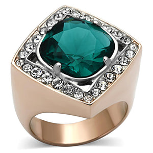 TK1160 - Two-Tone IP Rose Gold Stainless Steel Ring with Synthetic Synthetic Glass in Blue Zircon - Joyeria Lady