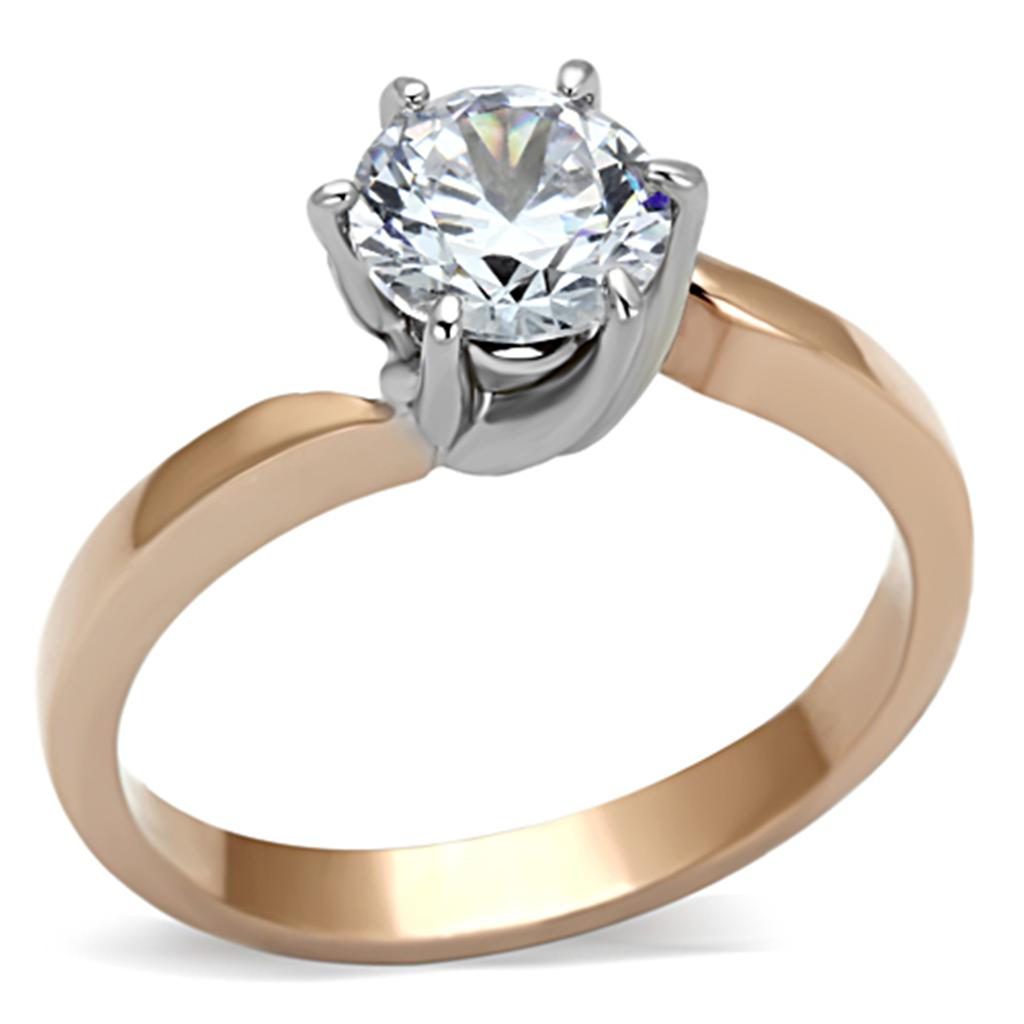 TK1161 - Two-Tone IP Rose Gold Stainless Steel Ring with AAA Grade CZ  in Clear - Joyeria Lady