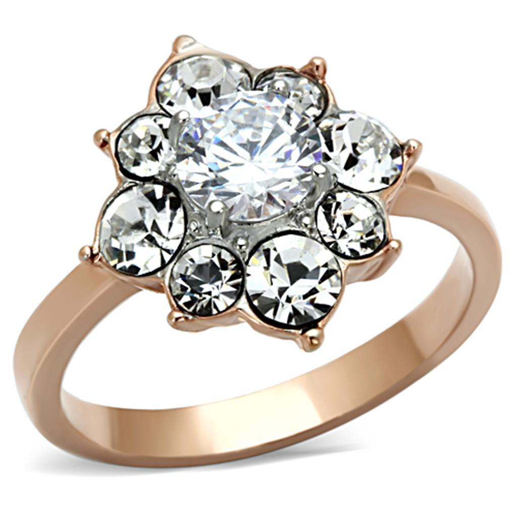TK1168 - Two-Tone IP Rose Gold Stainless Steel Ring with AAA Grade CZ  in Clear - Joyeria Lady