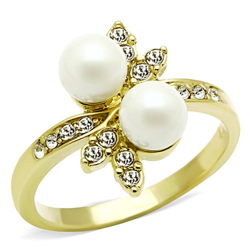 TK116G - IP Gold(Ion Plating) Stainless Steel Ring with Synthetic Pearl in White - Joyeria Lady