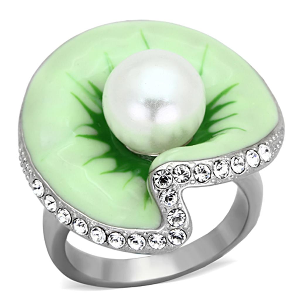 TK1171 - High polished (no plating) Stainless Steel Ring with Synthetic Pearl in White - Joyeria Lady