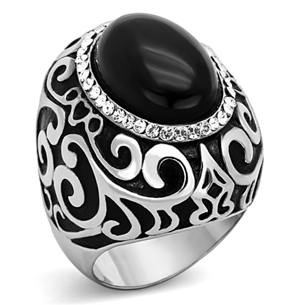 TK1211 - High polished (no plating) Stainless Steel Ring with Synthetic Cat Eye in Jet - Joyeria Lady