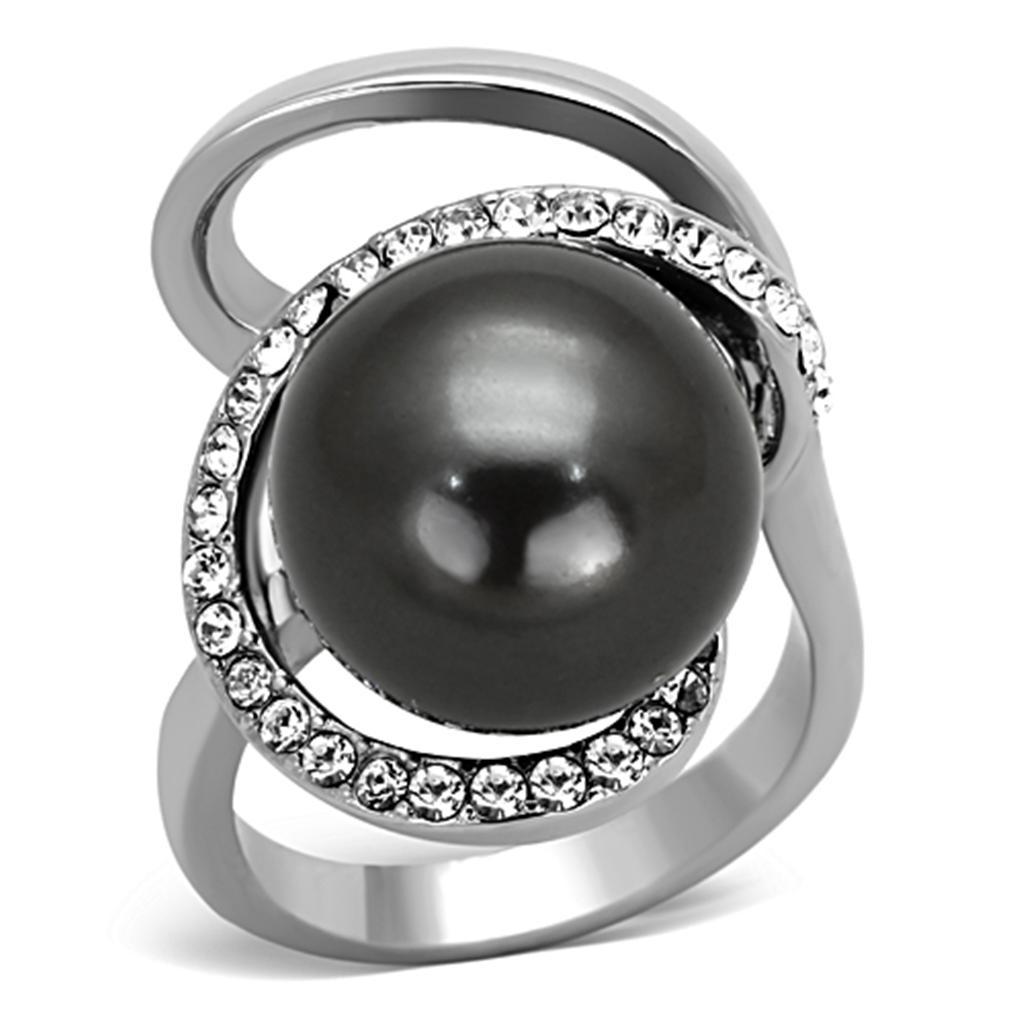TK1218 - High polished (no plating) Stainless Steel Ring with Synthetic Pearl in Gray - Joyeria Lady