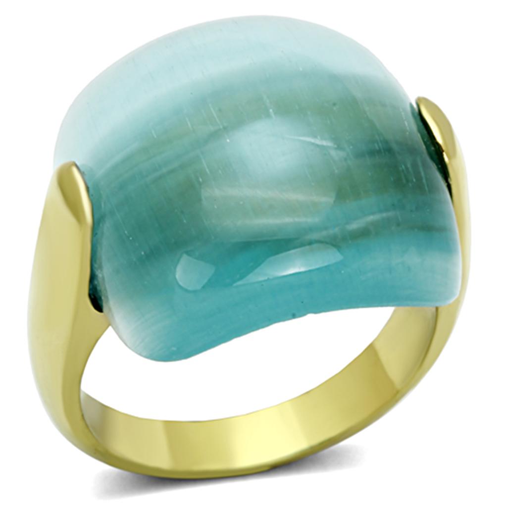 TK1237 - IP Gold(Ion Plating) Stainless Steel Ring with Synthetic Cat Eye in Sea Blue - Joyeria Lady