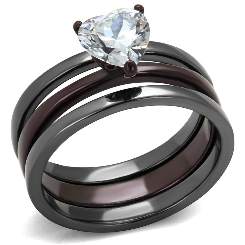 TK1274DC - IP Light Black (IP Gun) & IP Dark Brown (IP coffee) Stainless Steel Ring with AAA Grade CZ  in Clear - Joyeria Lady