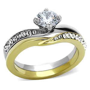 TK1280 - Two-Tone IP Gold (Ion Plating) Stainless Steel Ring with AAA Grade CZ  in Clear - Joyeria Lady