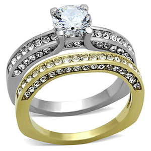 TK1284 - Two-Tone IP Gold (Ion Plating) Stainless Steel Ring with AAA Grade CZ  in Clear - Joyeria Lady