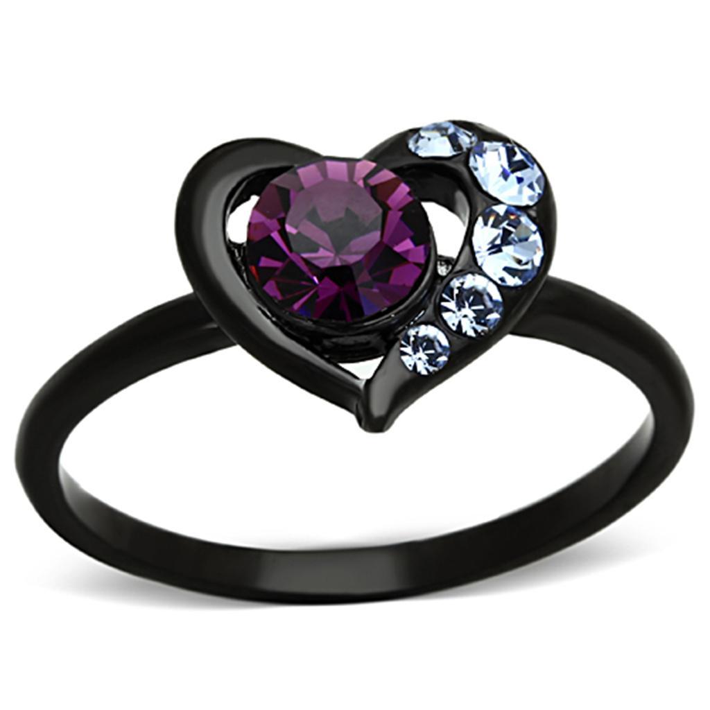 TK1300 - IP Black(Ion Plating) Stainless Steel Ring with Top Grade Crystal  in Amethyst - Joyeria Lady