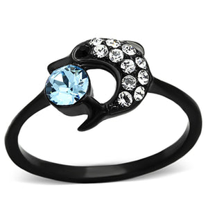 TK1302 - IP Black(Ion Plating) Stainless Steel Ring with Top Grade Crystal  in Sea Blue - Joyeria Lady