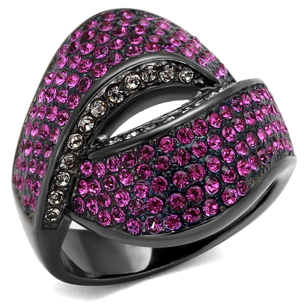 TK1303LJ - IP Light Black  (IP Gun) Stainless Steel Ring with Top Grade Crystal  in Light Peach - Joyeria Lady