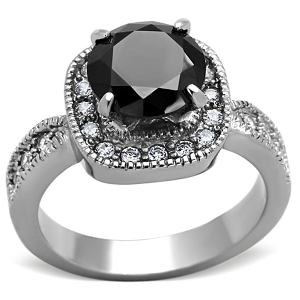 TK1322 - High polished (no plating) Stainless Steel Ring with AAA Grade CZ  in Black Diamond - Joyeria Lady