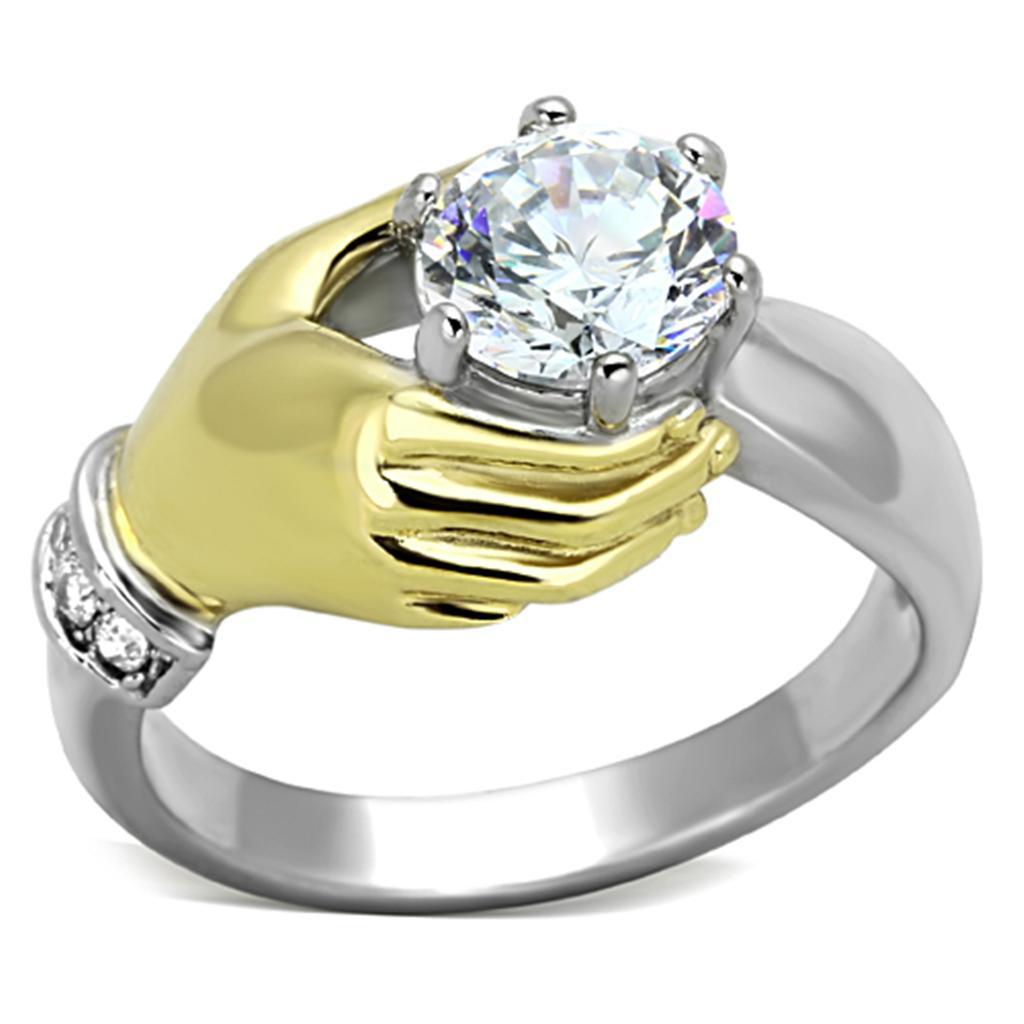 TK1324 - Two-Tone IP Gold (Ion Plating) Stainless Steel Ring with AAA Grade CZ  in Clear - Joyeria Lady