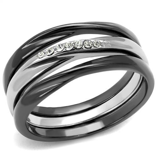 TK1340PJ - Two Tone IP Light Black (IP Gun) Stainless Steel Ring with Top Grade Crystal  in Clear - Joyeria Lady