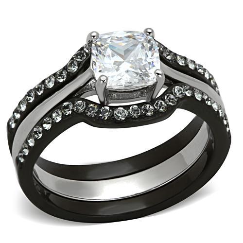 TK1343 - Two-Tone IP Black Stainless Steel Ring with AAA Grade CZ  in Clear - Joyeria Lady