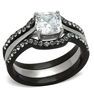 TK1343 - Two-Tone IP Black Stainless Steel Ring with AAA Grade CZ  in Clear - Joyeria Lady