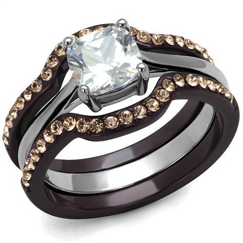 TK1343PC - Two Tone IP Dark Brown (IP coffee) Stainless Steel Ring with AAA Grade CZ  in Clear - Joyeria Lady