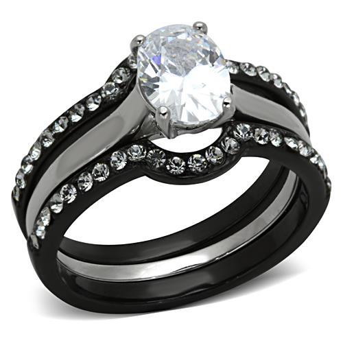 TK1344 - Two-Tone IP Black Stainless Steel Ring with AAA Grade CZ  in Clear - Joyeria Lady