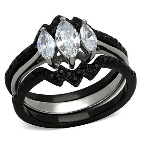 TK1347 - Two-Tone IP Black Stainless Steel Ring with AAA Grade CZ  in Clear - Joyeria Lady