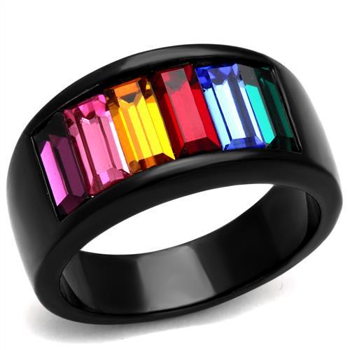 TK1415J - IP Black(Ion Plating) Stainless Steel Ring with Top Grade Crystal  in Multi Color - Joyeria Lady