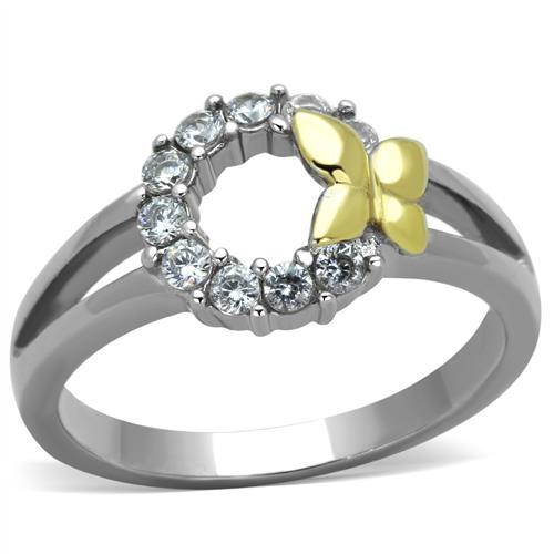 TK1434 - Two-Tone IP Gold (Ion Plating) Stainless Steel Ring with AAA Grade CZ  in Clear - Joyeria Lady