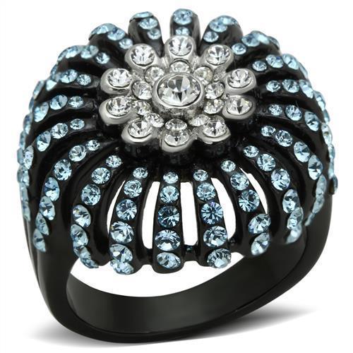TK1442 - Two-Tone IP Black Stainless Steel Ring with Top Grade Crystal  in Sea Blue - Joyeria Lady