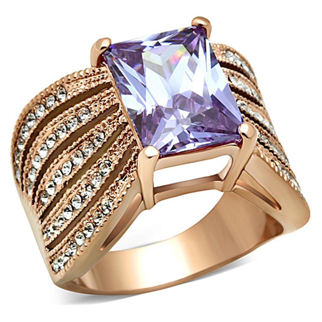 TK1490 - IP Rose Gold(Ion Plating) Stainless Steel Ring with AAA Grade CZ  in Light Amethyst - Joyeria Lady