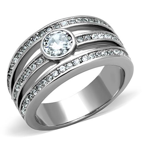 TK1525 - High polished (no plating) Stainless Steel Ring with AAA Grade CZ  in Clear - Joyeria Lady