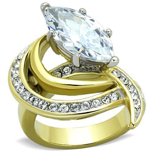 TK1546 - Two-Tone IP Gold (Ion Plating) Stainless Steel Ring with AAA Grade CZ  in Clear - Joyeria Lady
