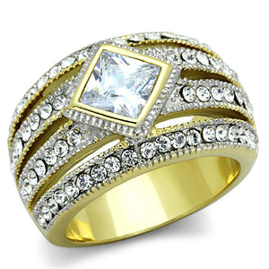 TK1551 - Two-Tone IP Gold (Ion Plating) Stainless Steel Ring with AAA Grade CZ  in Clear - Joyeria Lady