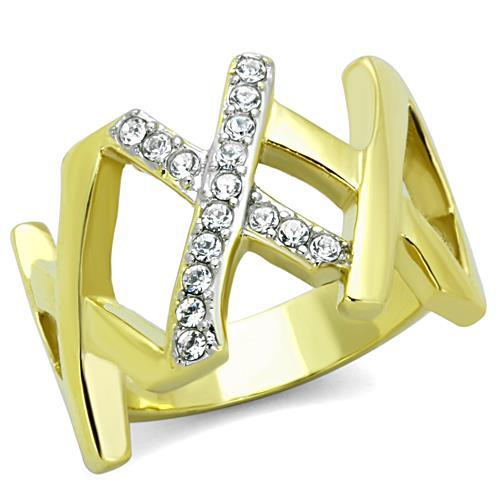 TK1560 - Two-Tone IP Gold (Ion Plating) Stainless Steel Ring with Top Grade Crystal  in Clear - Joyeria Lady
