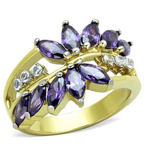 TK1568 - Two-Tone IP Gold (Ion Plating) Stainless Steel Ring with AAA Grade CZ  in Amethyst - Joyeria Lady