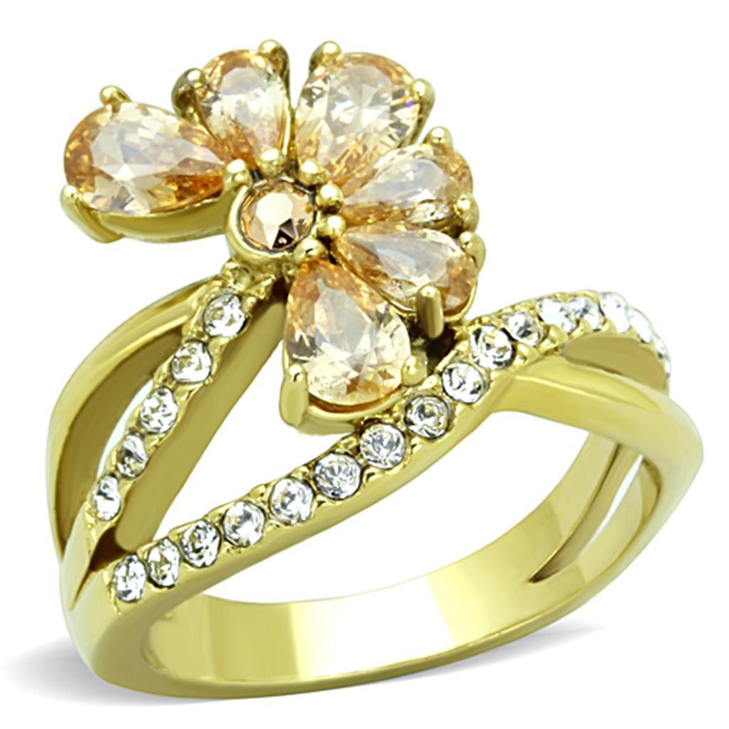 TK1574 - IP Gold(Ion Plating) Stainless Steel Ring with AAA Grade CZ  in Champagne - Joyeria Lady