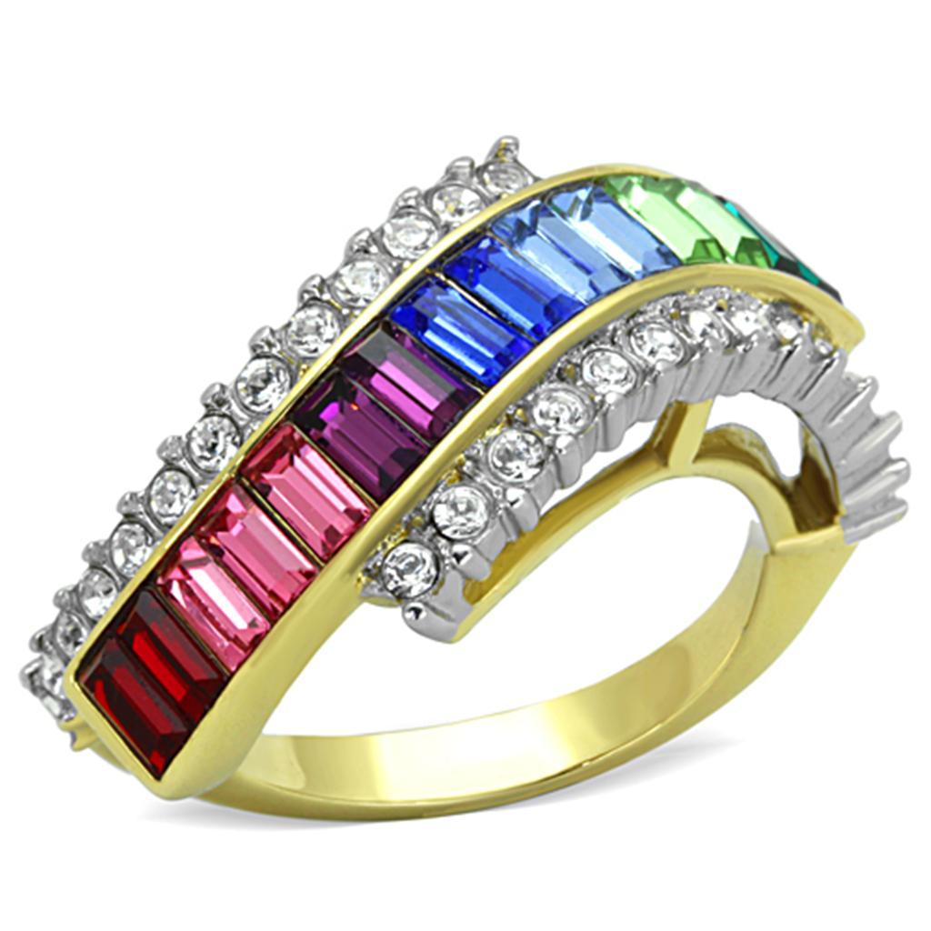 TK1575 - Two-Tone IP Gold (Ion Plating) Stainless Steel Ring with Top Grade Crystal  in Multi Color - Joyeria Lady