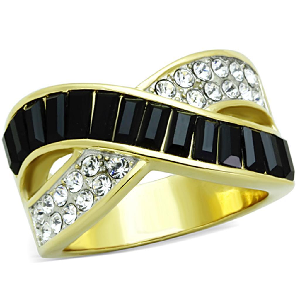 TK1577 - Two-Tone IP Gold (Ion Plating) Stainless Steel Ring with Top Grade Crystal  in Jet - Joyeria Lady