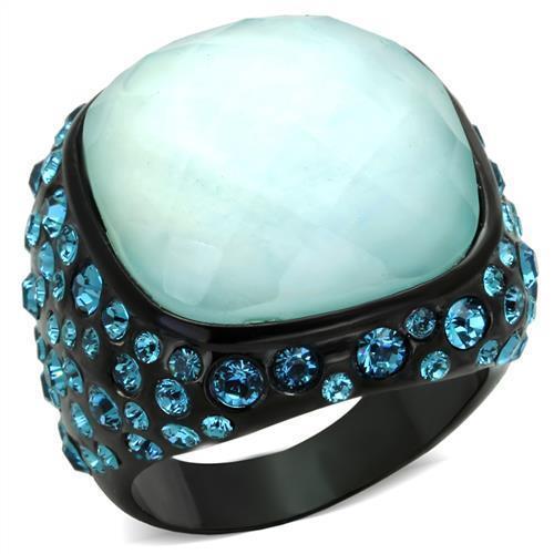 TK1617 - IP Black(Ion Plating) Stainless Steel Ring with Synthetic Synthetic Glass in Sea Blue - Joyeria Lady