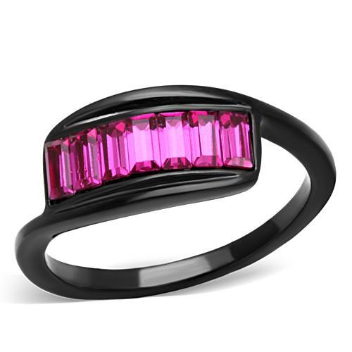 TK1664 - IP Black(Ion Plating) Stainless Steel Ring with Top Grade Crystal  in Fuchsia - Joyeria Lady