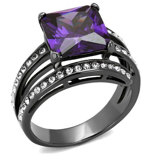 TK1665LJ - IP Light Black  (IP Gun) Stainless Steel Ring with AAA Grade CZ  in Amethyst - Joyeria Lady