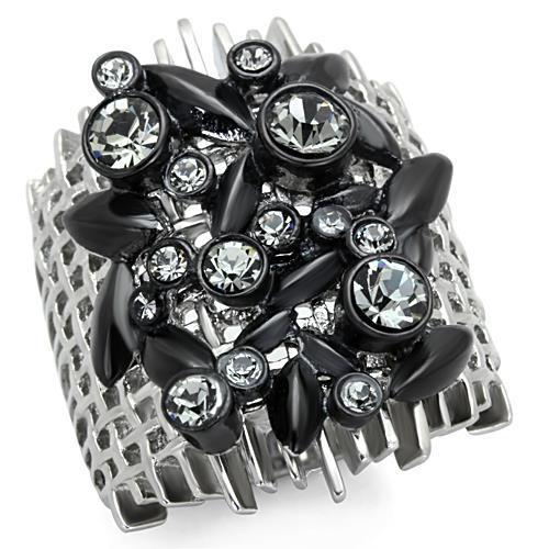 TK1687 - Two-Tone IP Black Stainless Steel Ring with Top Grade Crystal  in Black Diamond - Joyeria Lady