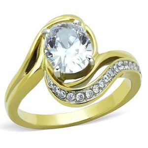 TK1703 - Two-Tone IP Gold (Ion Plating) Stainless Steel Ring with AAA Grade CZ  in Clear - Joyeria Lady