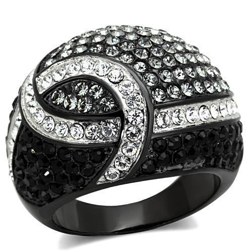 TK1733 - Two-Tone IP Black Stainless Steel Ring with Top Grade Crystal  in Black Diamond - Joyeria Lady
