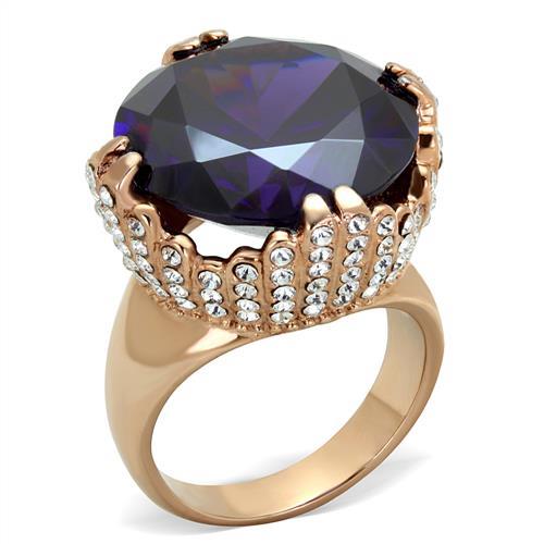 TK1786 - IP Rose Gold(Ion Plating) Stainless Steel Ring with AAA Grade CZ  in Amethyst - Joyeria Lady