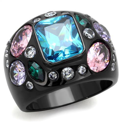 TK1790 - IP Black(Ion Plating) Stainless Steel Ring with AAA Grade CZ  in Sea Blue - Joyeria Lady