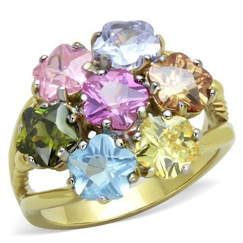 TK1791 - Two-Tone IP Gold (Ion Plating) Stainless Steel Ring with Assorted  in Multi Color - Joyeria Lady