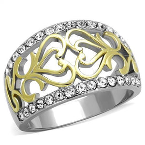 TK1792 - Two-Tone IP Gold (Ion Plating) Stainless Steel Ring with Top Grade Crystal  in Clear - Joyeria Lady