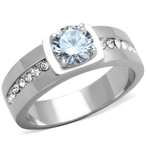 TK1816 High polished (no plating) Stainless Steel Ring with AAA Grade CZ in Clear - Joyeria Lady