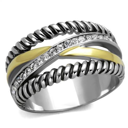 TK1825 - Two-Tone IP Gold (Ion Plating) Stainless Steel Ring with Top Grade Crystal  in Clear - Joyeria Lady